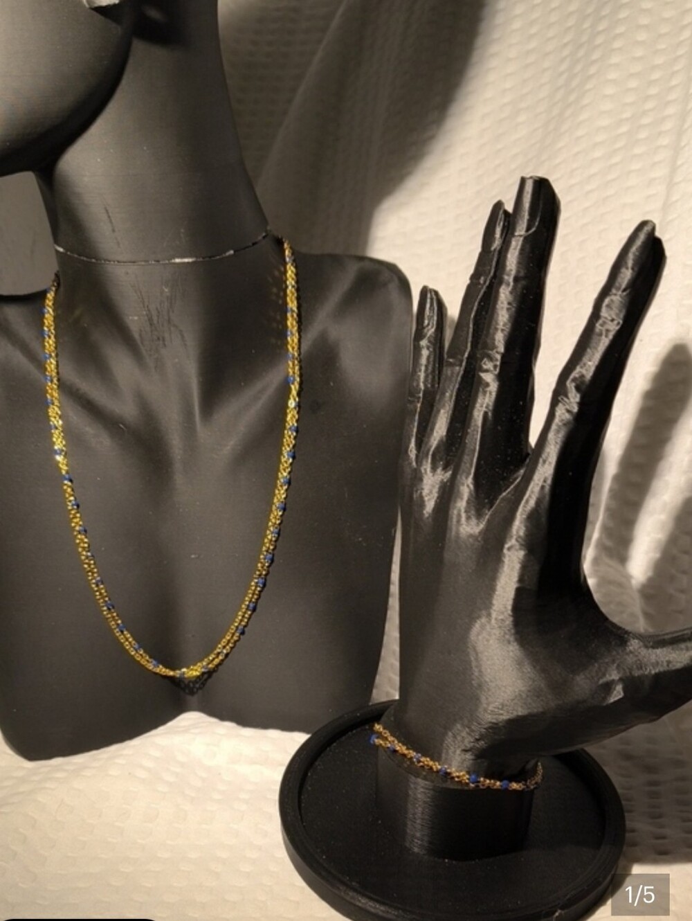 Plunder Gold and Blue Beaded Double Strand Necklace & Double Strand Bracelet Set - Picture 6 of 6